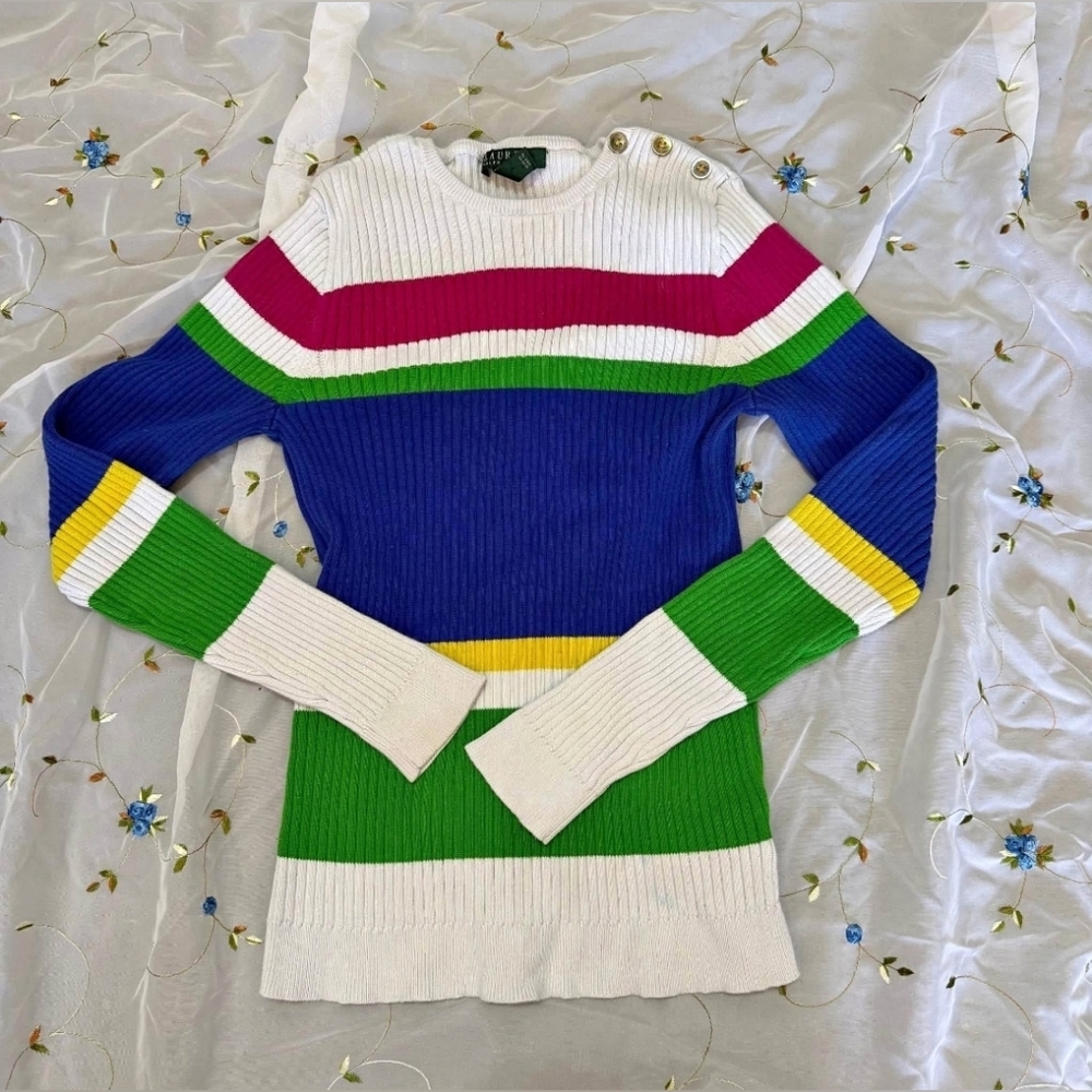 Ralph LAUREN RL Vintage Designer Colorful Striped Women's Cable Sweater Small